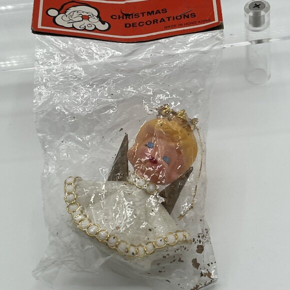 Vintage 3" Angel Blow Mold Ornament w/ Wings Hong Kong Original Package flocked - Picture 15 of 16